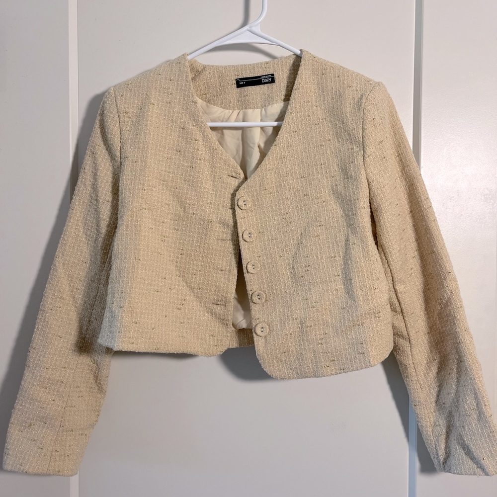 Pastel yellow/cream sparkle tweet cropped cardigan/jacket. Size s.